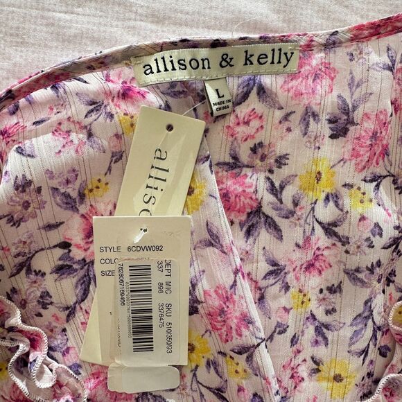 NWT Allison and Kelly Purple Pink Floral Mini Tier Dress Short Sleeve V- Neck L - Picture 11 of 13